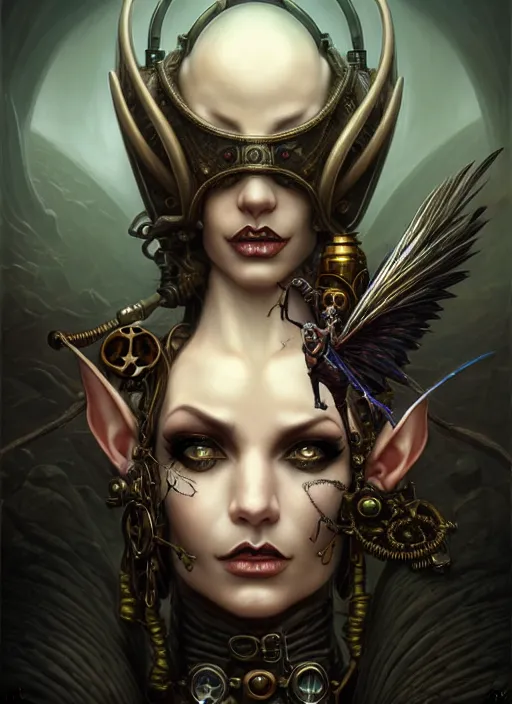 Prompt: portrait shot of steampunk evil elf in a scenic dystopian environment, intricate, elegant, highly detailed, centered, digital painting, artstation, concept art, smooth, sharp focus, illustration, artgerm, tomasz alen kopera, peter mohrbacher, donato giancola, joseph christian leyendecker, wlop, boris vallejo