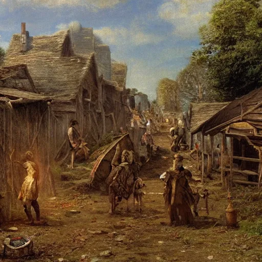 Image similar to jean francois millet as slum neighborhood on lord of the ring, random content position, ultra realistic human face details with emotion, ultra realistic environment contents detail, incrinate, delete duplicated content, rgb color