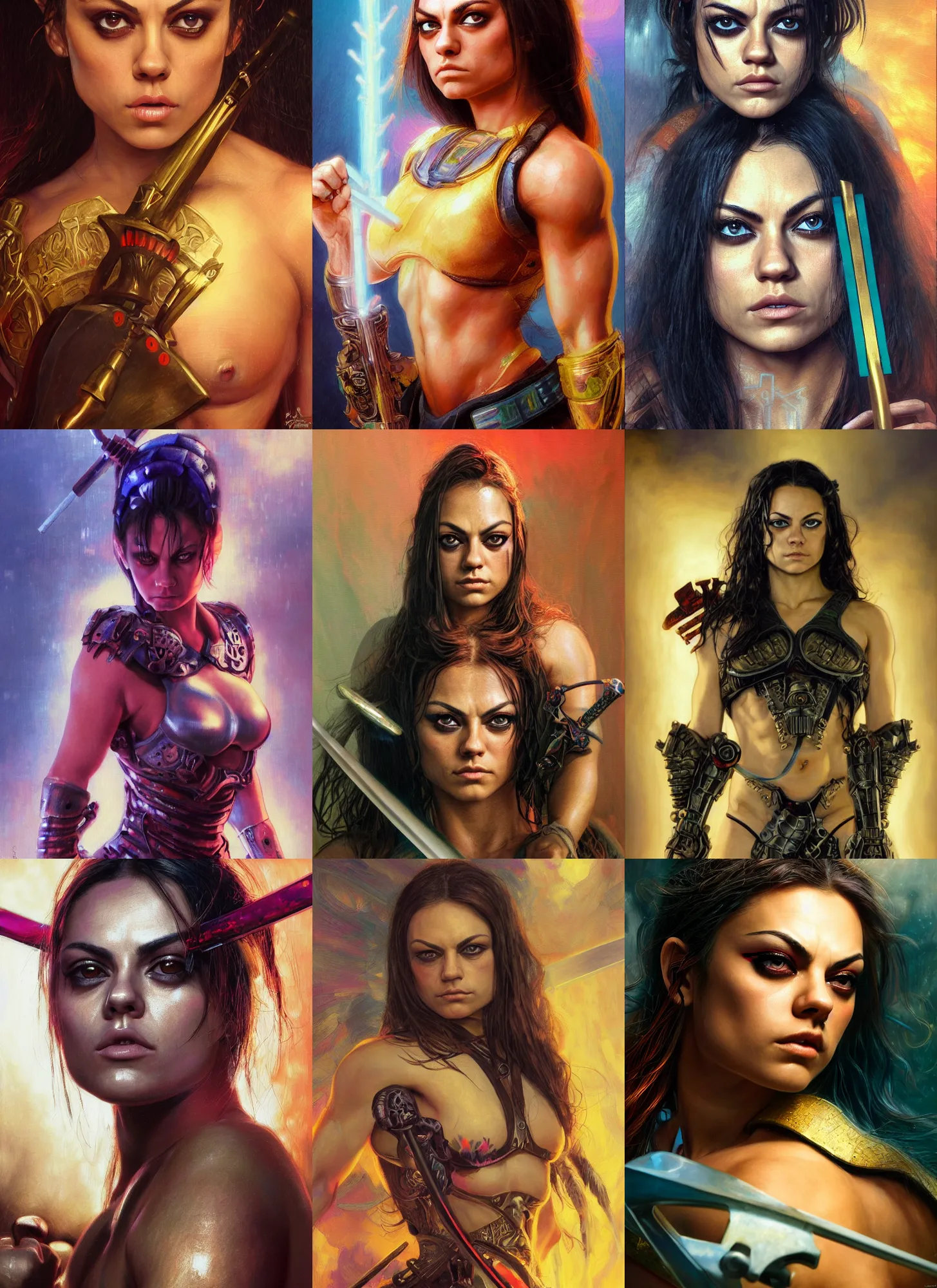 Image similar to bodybuilder mila kunis closeup portrait of a beautiful biblical diabolical samurai girl looking into the camera holding a sword, cyborg neon lit lsd armor, puffs of smoke, golden hour, gerald brom, mikhail vrubel, peter elson, muted pastel colors, extreme detail, light rain, trending on artstation, 8 k