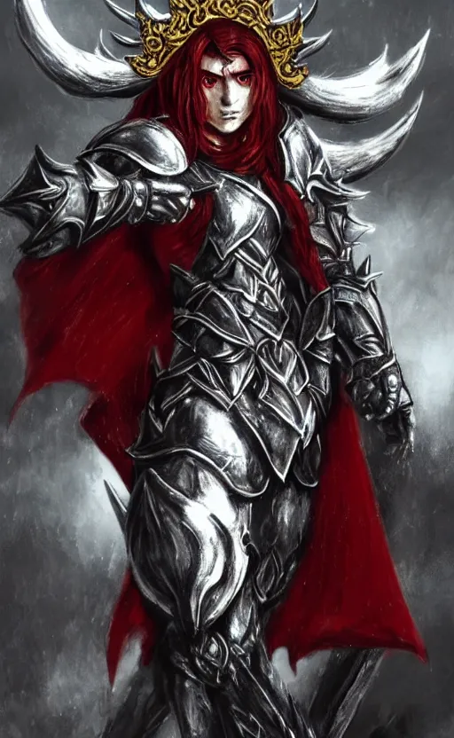 Image similar to A male elf, 20 years old, short silver hair, red eyes, wearing a spiked black metal crown, black heavy armor with gold trim, and a red cape, lean but muscular, attractive, command presence, royalty, weathered face, smooth, sharp focus, illustration, concept art, highly detailed, muscle definition, fantasy paitning, ArtStation, ArtStation HQ