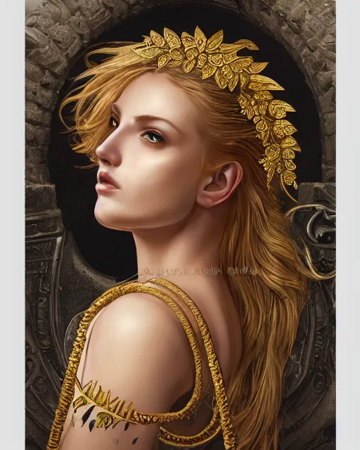 Prompt: front view of beautiful aphrodite greek goddess wearing a gold laurel wreath and triangle earrings, hyper - realistic tattoo sketch, beautiful piercing eyes with sharp pupils, beautiful blonde hair, in the style of greg rutkowski, fantasy, amazing detail, epic, elegant, smooth, sharp focus