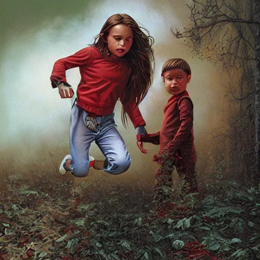 Image similar to a disappearing running child holding scissors in hand disappears evaporates dissolves into vapor, mist, smoke, blood drops and spatteer, a detailed matte painting by John Philip Falter and Jason Edmiston