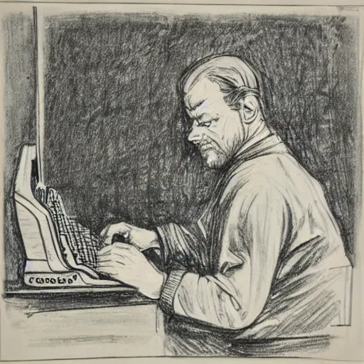 Prompt: a man sitting at a desk typing on the typewriter, old english sketch drawing