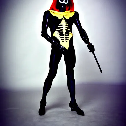 Image similar to glamour fashion modeling photo of skeletor