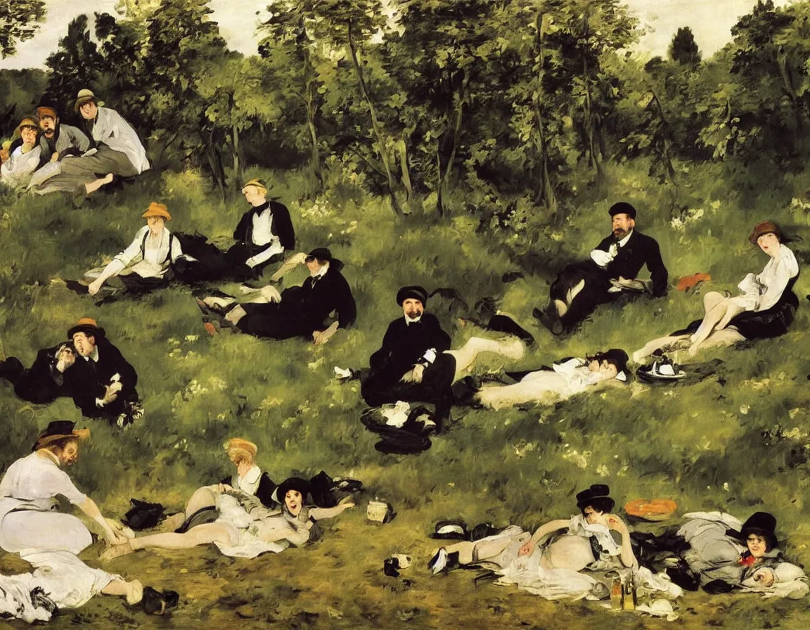 Prompt: edouard manet. close up depiction of people picknicking on a meadow in the woods. woman and men dressed in black. blanket, beer, music. one woman with three men. la partie carree. little river in background. dark forest. hyperrealistic.