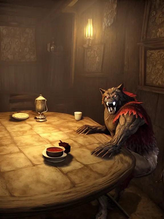 Image similar to cute handsome cuddly burly surly relaxed calm timid werewolf from van helsing sitting down at the breakfast table in the kitchen of a normal country home cooking having fun lighthearted whimsy whimsical baking strawberry tart cakes unreal engine hyperreallistic render 8k character concept art masterpiece screenshot from the video game the Elder Scrolls V: Skyrim