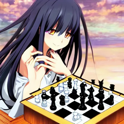 Image similar to anime art of long black hair anime girl pondering next to a chess set, official art