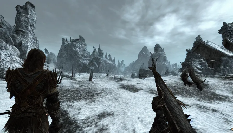 Prompt: first person perspective inside the game skyrim, dragons, war, fantasy, high fantasy, hd, detailed, busy