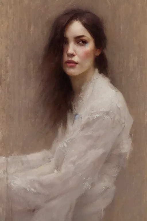 Image similar to Richard Schmid and Jeremy Lipking victorian genre painting full length portrait painting of a young beautiful woman