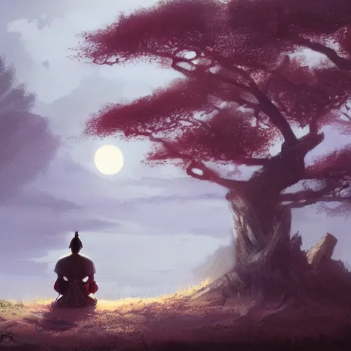 Prompt: a samurai sitting under a tree, back lighting, dramatic scene, detailed, night time, full moon, in the style of greg rutkowski