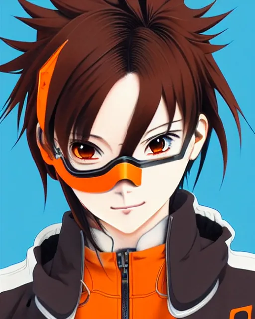 Image similar to Anime as Tracer Overwatch wearing brown-leather-coat; in snowboard orange-mask || cute-fine-face, pretty face, realistic shaded Perfect face, fine details. Anime. realistic shaded lighting poster by Ilya Kuvshinov katsuhiro otomo ghost-in-the-shell, magali villeneuve, artgerm, Jeremy Lipkin and Michael Garmash and Rob Rey as Overwatch Tracer cute smile