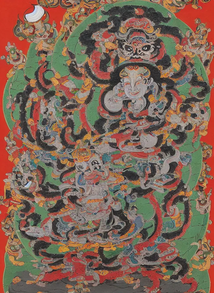 Image similar to a painting portraying a many-limbed many-headed cybernetic Yamantaka, traditional tibetan ART, boddhisatva