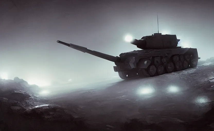 Prompt: a black military tank in the mountain at night by Paul Chadeisson, blue headlights, heavy fog, atmospheric, artstation, concept art, illustration, sharp focus, high detail, octane render, RTX, intimidating
