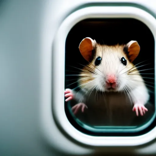 Image similar to photo of a hamster inside a metro train, looking out of a window, various poses, unedited, soft light, sharp focus, 8 k