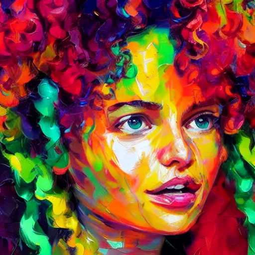 Prompt: a vibrant oil painting close up of a beautiful girl with curly hair by francoise nielly, trending on artstation : 3