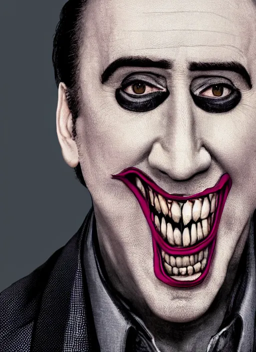 Prompt: photo of a 40-year-old Nicolas Cage (2021) as the Joker by Sergei Vasiliev, big smile, detailed, award winning, Sony a7R