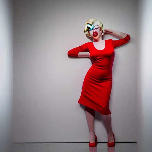 Prompt: Stunning modern studio portrait photograph of the original female model named Marilyn Monroe standing in a white room wearing a red dress, pretty face, pop art by Andy Warhol, XF IQ4, f/1.4, ISO 200, 1/160s, 8K, RAW, unedited, symmetrical balance, in-frame, sharpened