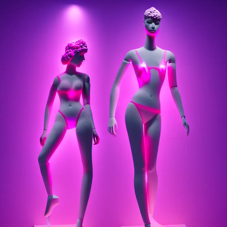 Image similar to beautiful mannequin sculpted out of amethyst by billelis + lit with 3 d geometric neon + doorway opening with neon pink geometric light + hosta flowers!!!, moon in background!!!!!!, rule of thirds, clean linework, dramatic, award winning, 4 k, trending on artstation, photorealistic, volumetric lighting, octane render