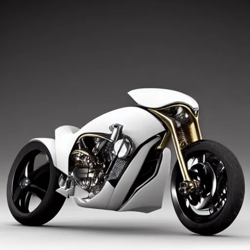 Prompt: a white and gold motorcycle on a white background, a computer rendering by hendrick cornelisz vroom, trending on cgsociety, kinetic art, steampunk, made of liquid metal, biomorphic