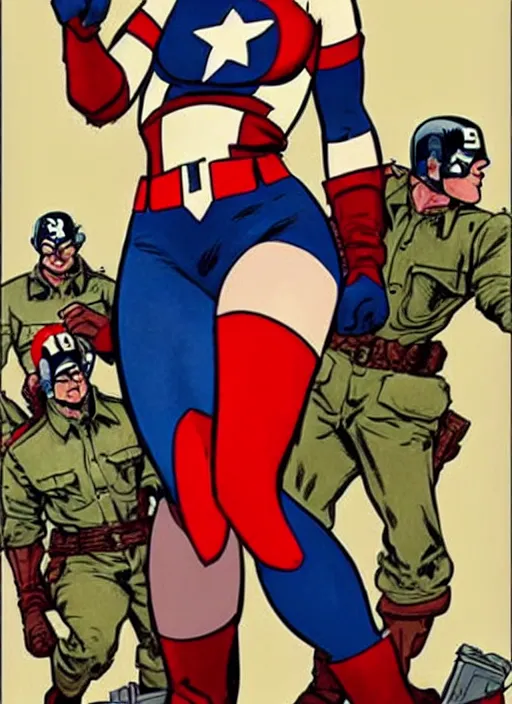 Image similar to sultry female captain america standing on a pile of defeated, beaten and broken ss soldiers. feminist captain america wins ww 2. american ww 2 propaganda poster by rob liefeld and pixar. gorgeous face. pin up. overwatch.