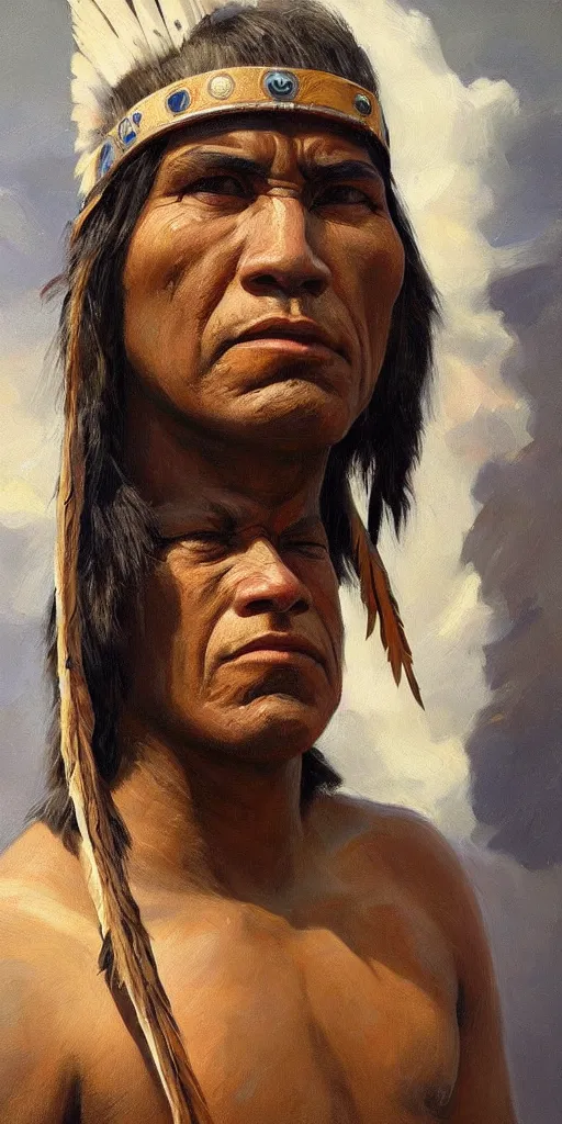 Image similar to a stunning and noble highly detailed portrait of a native american warrior by josep tapiro baro and edward hopper, trending on artstation, oil painting masterpiece, symmetry, mysterious, very very very aesthetic