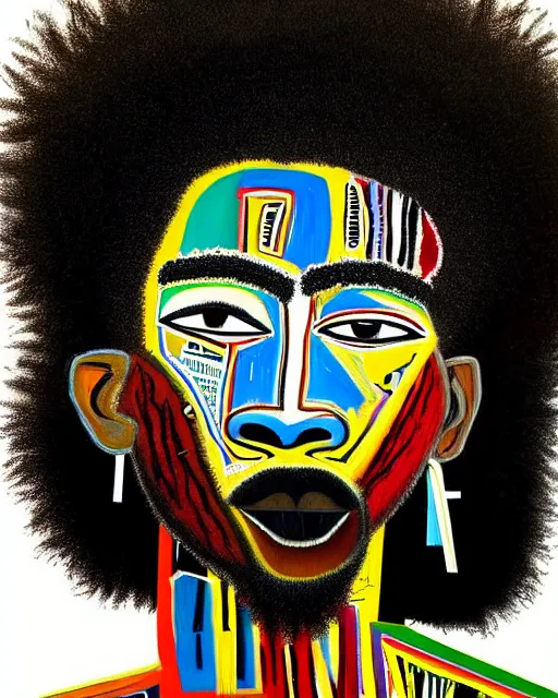 Image similar to A extremely ultra highly detailed majestic hi-res beautiful immaculate head and shoulders award winning painting stunning masterpiece of the face of a strong black african warrior man with an afro by Jean-Michel Basquiat, 8k, high textures, ultra hyper sharp, insanely detailed and intricate, super detailed, 8k HDR ultra high quality