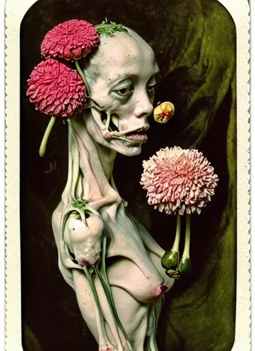 Image similar to beautiful and detailed rotten woman made of plants and many types of stylized flowers like carnation, chrysanthemum and tulips, anatomical, intricate, organs, ornate, surreal, john constable, guy denning, gustave courbet, caravaggio, romero ressendi 1 9 1 0 polaroid photo