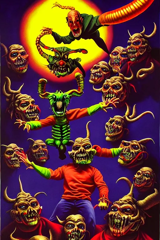 Image similar to a hyperrealistic painting of a epic boss fight against evil jester juggling knives, cinematic horror by chris cunningham, lisa frank, richard corben, highly detailed, vivid color,