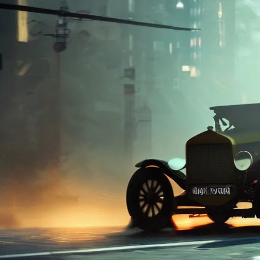 Image similar to vin diesel driving ford model t, drift, fog, volumetric lighting, bokeh, ultra realistic, highly detailed, city, cinematic, art by jan urschel and neil blevins