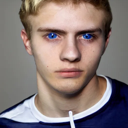 Prompt: an close - up photo of an american 2 0 yo man wearing a white shirt and black tracksuit, blonde hair, blue eyes, small blond goatee, biggish nose