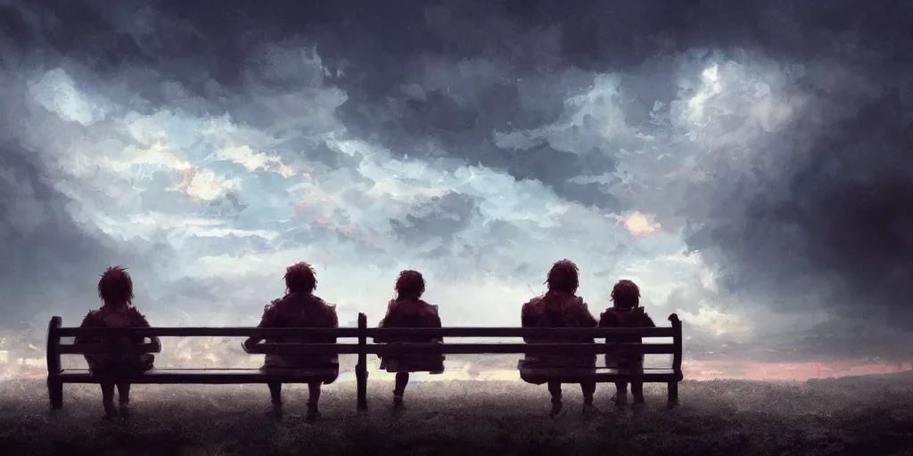 Image similar to a family with sorrow faces sitting on a bench, dramatic sky, close up shot, anime art, Greg Rutkowski, dramatic lighting