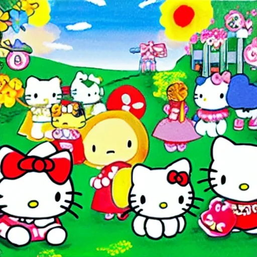 Prompt: painting of hello kitty and hello kitty friends and sanrio characters and playing outside on a sunny day, adventures of hello kitty and friends, by yoko shimizu, by sanrio