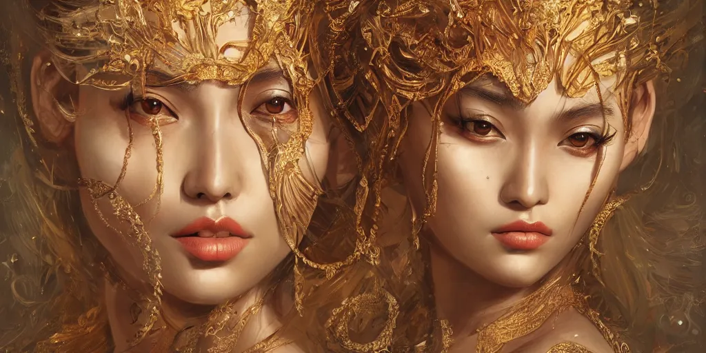 Image similar to Beautiful detailed portrait of an exotic goddess by Nick Silva, Shin JeongHo, Wandah Kurniawan, Symmetrical composition with people centered, realistic proportions, trending on artstation