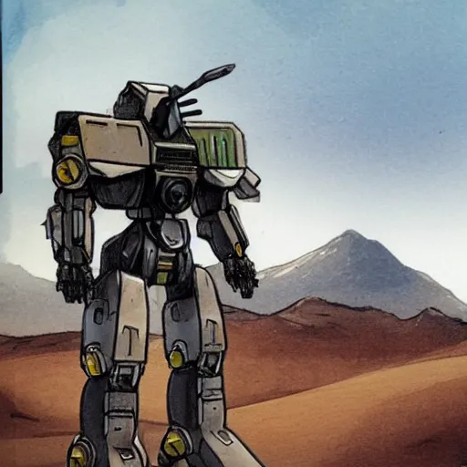 Prompt: Sketch of a Battletech mecha lance, standing on a desert