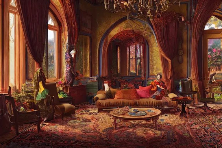 Prompt: a bright bohemian parlor with sunbeams streaming in from tall windows, by Ludwig Deutsch and Evelyn De Morgan and Donato Giancola, floral embroidery, carved wood, oriental carpets,rich color, dramatic cinematic lighting, featured on Artstation, cgsociety, unreal engine