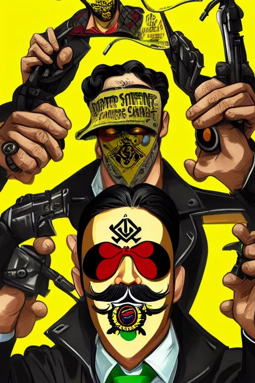 Image similar to gang saints wear yellow bandanas, and some of them have thick mustaches, their eyes are sharp, pop art style, dynamic comparison, proportional, professional art, bioshock art style, gta chinatowon art style, hyper realistic, face and body clarity, complicated, intricate, concept art, art by argerm dan richard hamilton