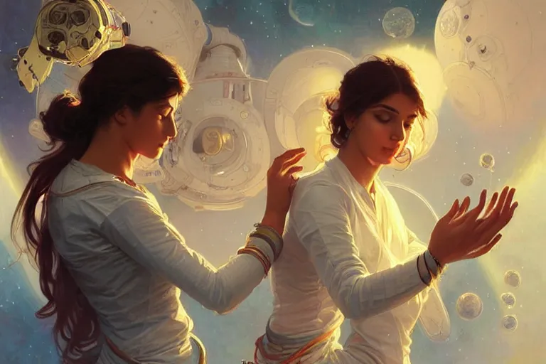 Image similar to Sensual good looking pale young Indian doctors wearing jeans in a space station above Earth, portrait, elegant, intricate, digital painting, artstation, concept art, smooth, sharp focus, illustration, art by artgerm and greg rutkowski and alphonse mucha