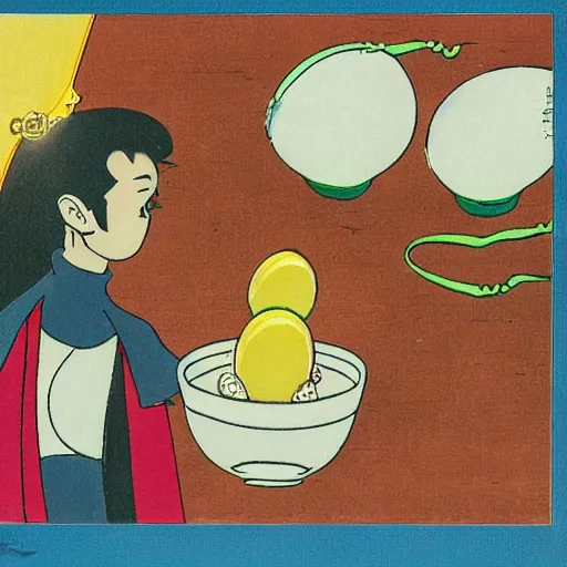 Prompt: Pensive Wizard Examining Eggs, by Osamu Tezuka.