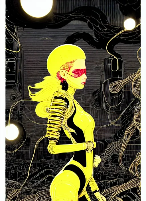 Image similar to highly detailed portrait of wasteland punk long curly bright yellow and white plasma electricity hair tribal lady, stray electric spark wiring by atey ghailan, james gilleard, by joe fenton, by greg rutkowski, by greg tocchini, by kaethe butcher, 4 k resolution, gradient yellow, black and white color scheme!!! ( ( lightning cloudy robotic dystopian city background ) )