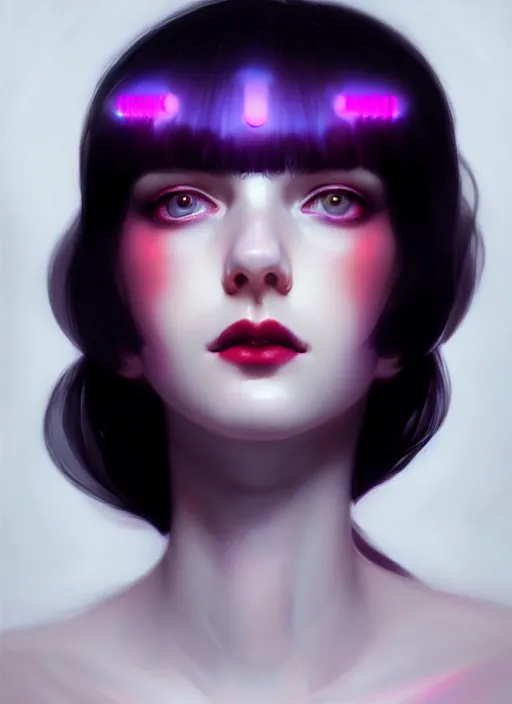 Image similar to portrait of pale teenage girl, red irises, black hair, white bangs, purple lipstick, intricate, elegant, glowing lights, highly detailed, digital painting, artstation, concept art, smooth, sharp focus, illustration, art by wlop, mars ravelo and greg rutkowski