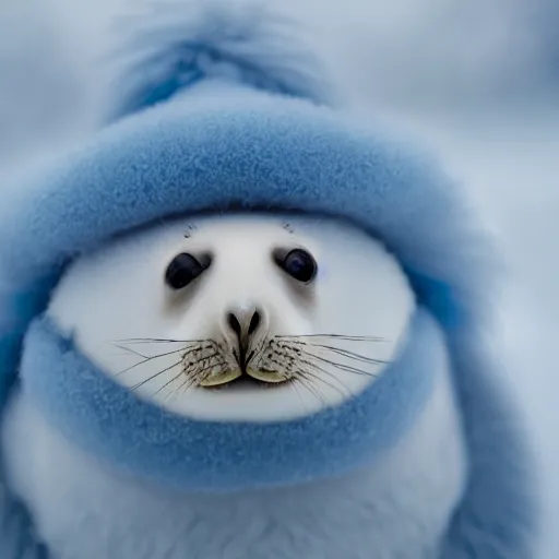 Image similar to photorealistic hd white fluffy baby harpy seal wearing a light blue winter hat, snowy, cold, arctic tundra, adorable