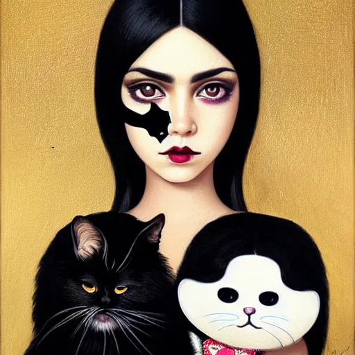 Image similar to a painting of an emo mexican woman with long dark hair thick eyebrows dark eyes and dark circles wide nose big eyes oval face shape big cheeks holding her cat, photorealistic painting by tran nguyen and ilya kuvshinov, featured on deviantart, gothic art, goth, gothic, detailed painting