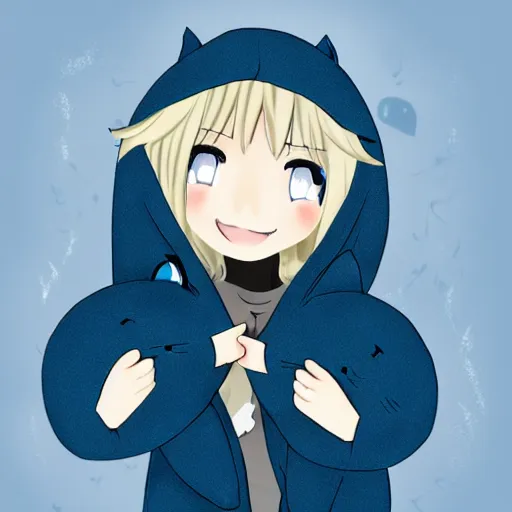 Image similar to a blonde-girl-in-a-black-hoodie holding a blue-shark-plush, anime style