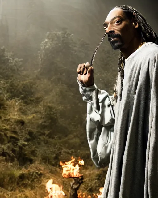 Prompt: Snoop Dogg in the role of Gandalf the Grey fight the Balrog, film still, amazing short, 8K, IMAX, ultra detailed, lord of the ring