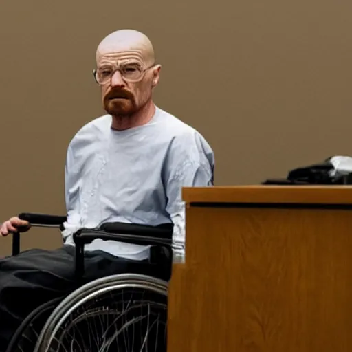 Image similar to walter white with no beard, wearing a clear plastic oxygen mask, sitting in a wheelchair in a courtroom.