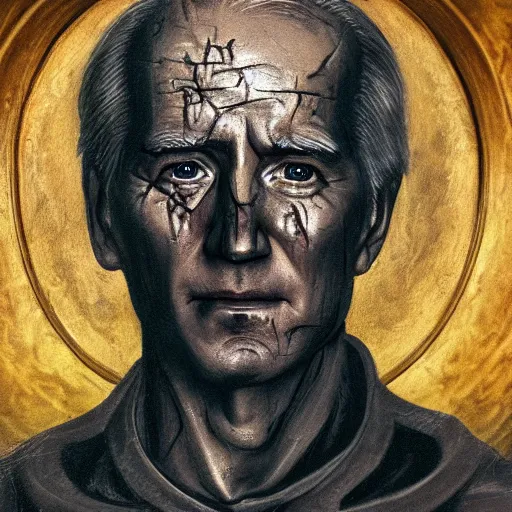 Image similar to closeup portrait biden in dante's inferno painting, crows, crosses, dark beauty, rotten gold, perfect faces, extremely detailed, cinema 4 d, unreal engine.