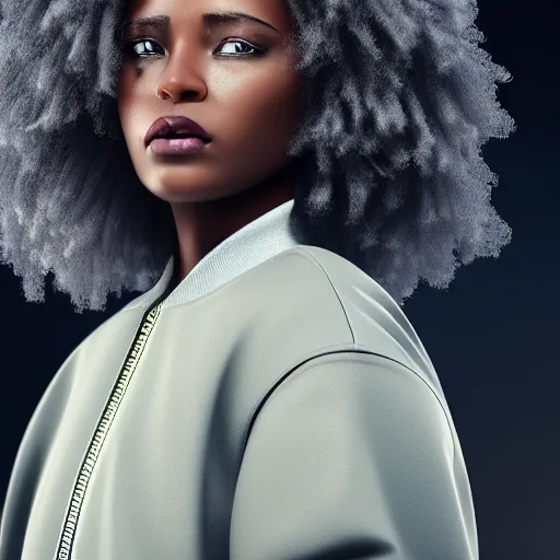 Image similar to black woman, hairstyle = short bob, hair colour = light grey, eyes = purple, wearing dark green bomber jacket, realistic 4 k octane beautifully detailed render, 4 k post - processing, highly detailed, intricate complexity, epic composition, magical atmosphere, cinematic lighting, masterpiece, ultra hd