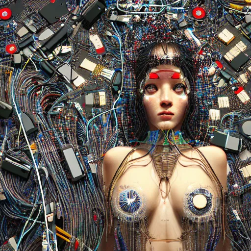 Image similar to give me a higher love, piles of modular synth cables, puerto rican goddess swimming up wearing a headpiece made of circuit boards, by cameron gray, wlop, stanley kubrick, masamune, hideki anno, jamie hewlett, unique perspective, trending on artstation, 3 d render, vivid