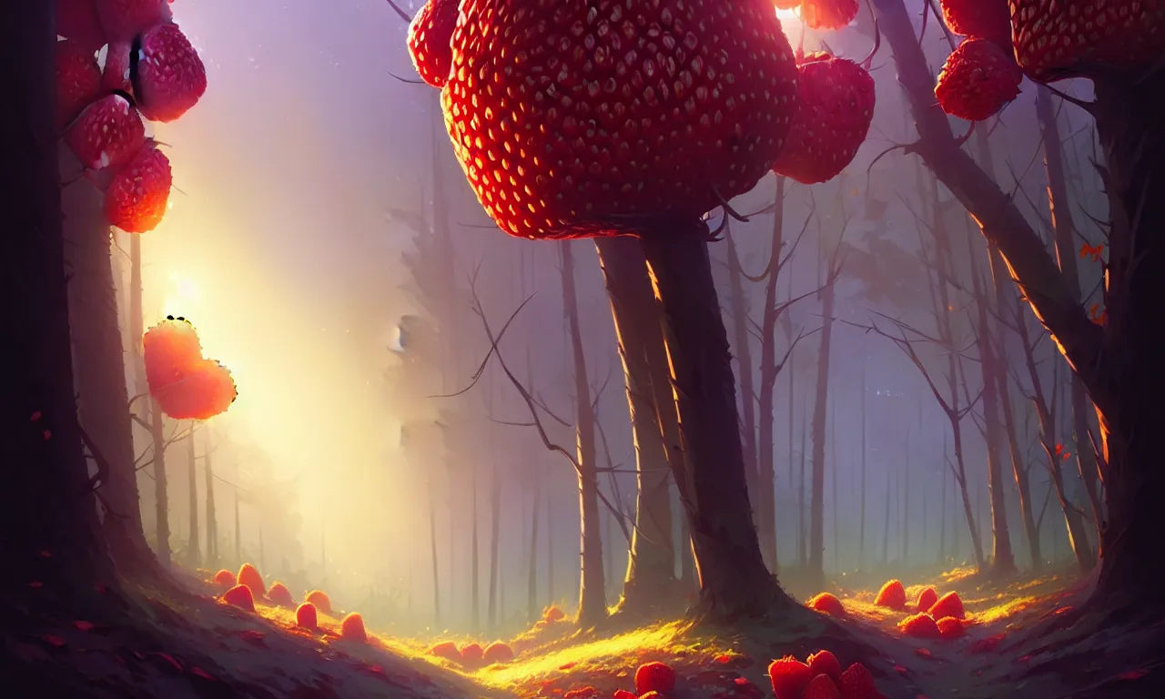 Image similar to Dark forest large strawberries, behance hd by Jesper Ejsing, by RHADS, Makoto Shinkai and Lois van baarle, ilya kuvshinov, rossdraws global illumination