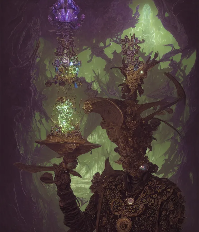 Image similar to front shot of a court jester character, hyperdimensional, bioluminescent hypercubes, dark holography!!!, (((intricate))), elegant, highly detailed, centered, (((artstation, concept art, smooth, sharp focus, artgerm, Tomasz Alen Kopera, Peter Mohrbacher, donato giancola, Joseph Christian Leyendecker, WLOP, Boris Vallejo))), mugshot!!!!!, ugly!!!!!!, octane render, nvidia raytracing demo, octane render, nvidia raytracing demo, octane render, nvidia raytracing demo, grainy, muted, 8K, digitalblasphemy, metatron